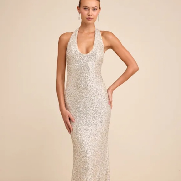 Lulus Velenia Champagne Sequin Halter Mermaid Maxi Dress Gold - Size S - Picture 3 of 4